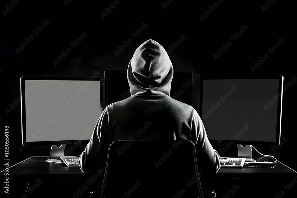 custom made wallpaper toronto digitalback view of hooded hacker sitting near computer monitors with blank screen isolated on black