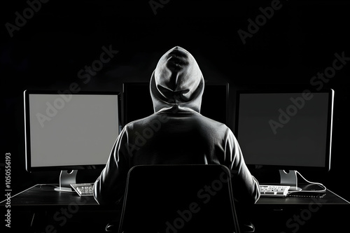 Wallpaper Mural back view of hooded hacker sitting near computer monitors with blank screen isolated on black Torontodigital.ca