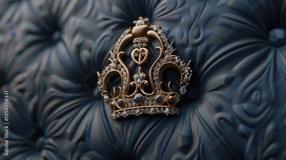 A luxurious gold crown sits atop a plush blue couch, perfect for decorative or editorial use A luxurious gold crown sits atop a plush blue couch, perfect for decorative or editorial use