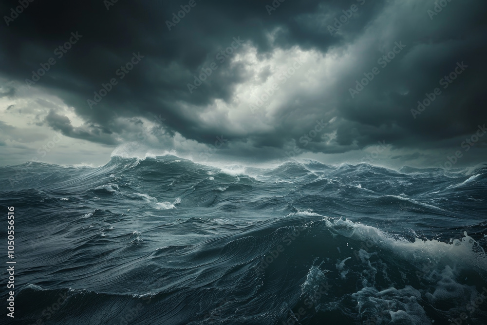 Fototapeta premium Powerful waves crash in a restless ocean, shrouded by dark storm clouds that blanket the sky, creating a foreboding atmosphere of nature fury