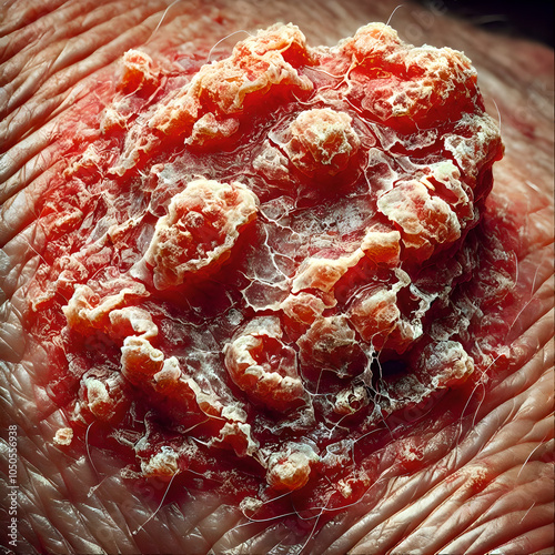 Squamous cell carcinoma (SCC) on a patient’s skin. show a rough, scaly patch or raised lesion, crusted over and sometimes ulcerated. Focus scaling, redness, and irregular thickness in affected area.