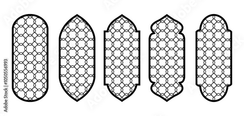Set of Arabic or Islamic windows with geometric girikh pattern, silhouette Arabic arch. Luxury set in oriental style. Arabic muslim architecture design elements, ramadan frames. Vector. CNC, laser photo