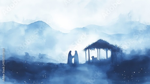 Watercolor painting representing Nativity scene in Bethlehem. Christmas scene illustration showing holy family baby Jesus in the manger Joseph and Mary. Banner copy space