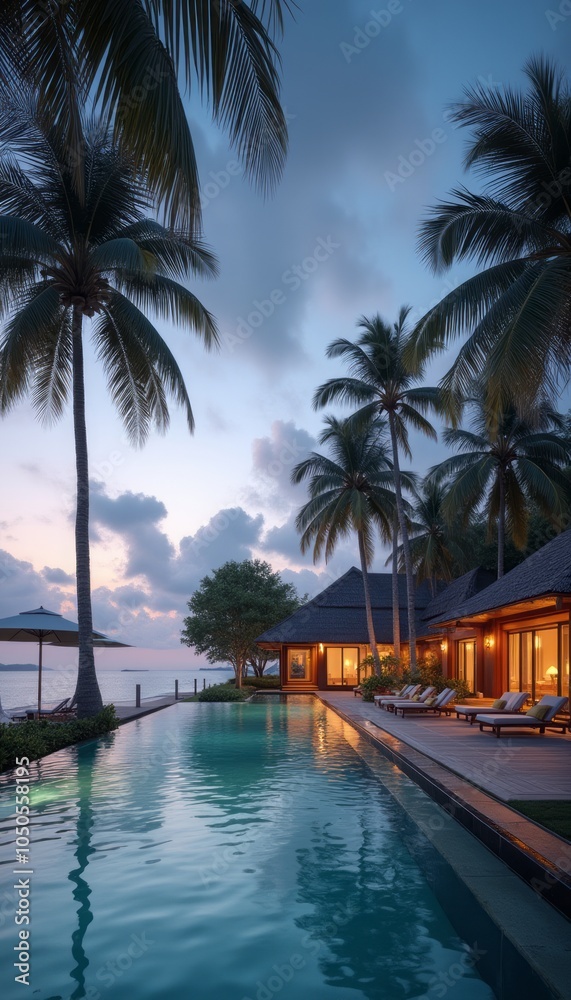 Fototapeta premium A luxurious tropical resort with a large pool at sunset, surrounded by palm trees and a serene atmosphere. The image emphasizes relaxation, vacation, and tropical beauty.