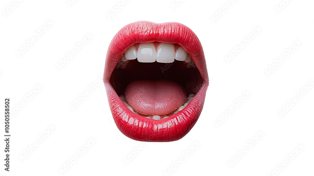 Naklejka premium A close-up of a woman's open mouth with bright red lipstick, revealing white teeth and a pink tongue isolated on transparant background. Generative ai