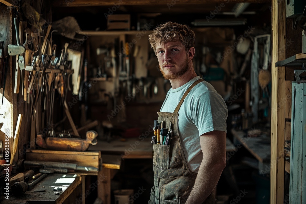 A young craftsman stands in a workshop filled with tools and wood. His focus shows dedication to his craft. Ideal for themes of creativity and hard work. Generative AI A young craftsman stands in a workshop filled with tools and wood. His focus shows dedication to his craft. Ideal for themes of creativity and hard work. Generative AI