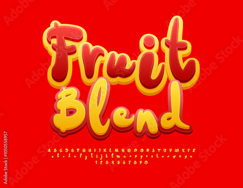 Vector creative logo Fruit Blend. Bright Playful Font. Artistic Alphabet Letters and Numbers set.