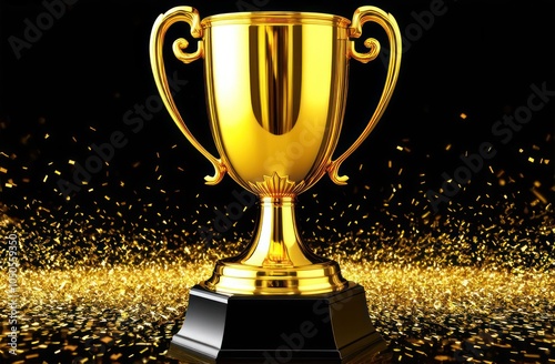 Golden winners sports cup on black background with confetti. Symbol of winner, sport competition, champion games.