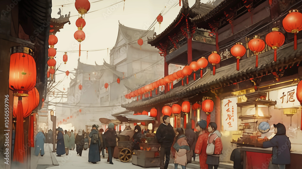 Naklejka premium Watercolor painting of Chinese architecture