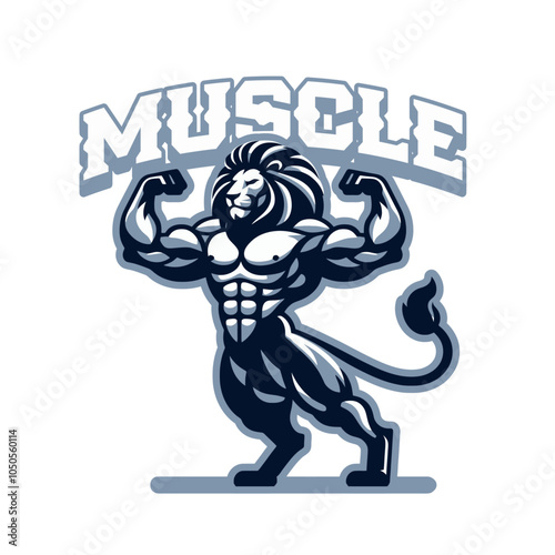 Shredded lion  bodybuilder flexing muscles sports logo mascot	