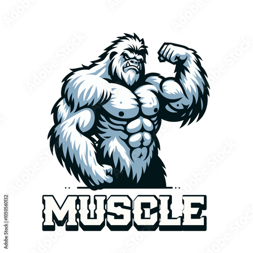 Shredded  yeti bigfoot bodybuilder flexing muscles sports logo mascot	