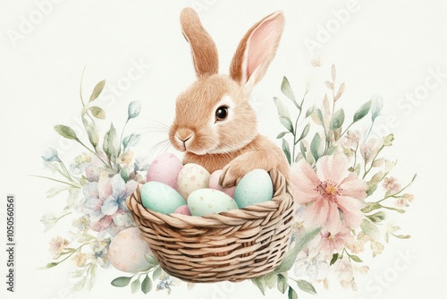 Watercolor illustration of a cute easter bunny holding a basket filled with colorful eggs, surrounded by delicate flowers, creating a festive springtime scene photo