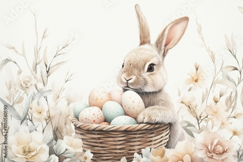 Adorable watercolor easter bunny holding a basket full of colorful eggs surrounded by delicate flowers, perfect for springtime celebrations photo