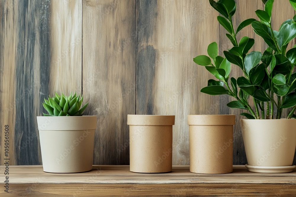 Fototapeta premium Mockup of potted plants and kraft containers on wooden shelf with rustic background, minimalist home decor, eco-friendly and natural style, soft lighting, copy space, selective focus