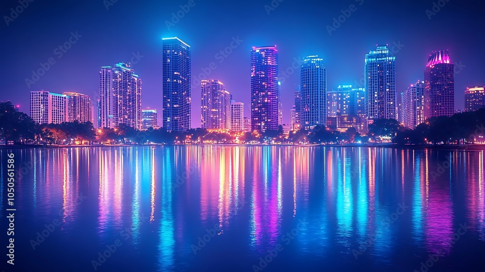 Fototapeta premium Vibrant cityscape reflections a nighttime urban oasis with neon lights and serenity