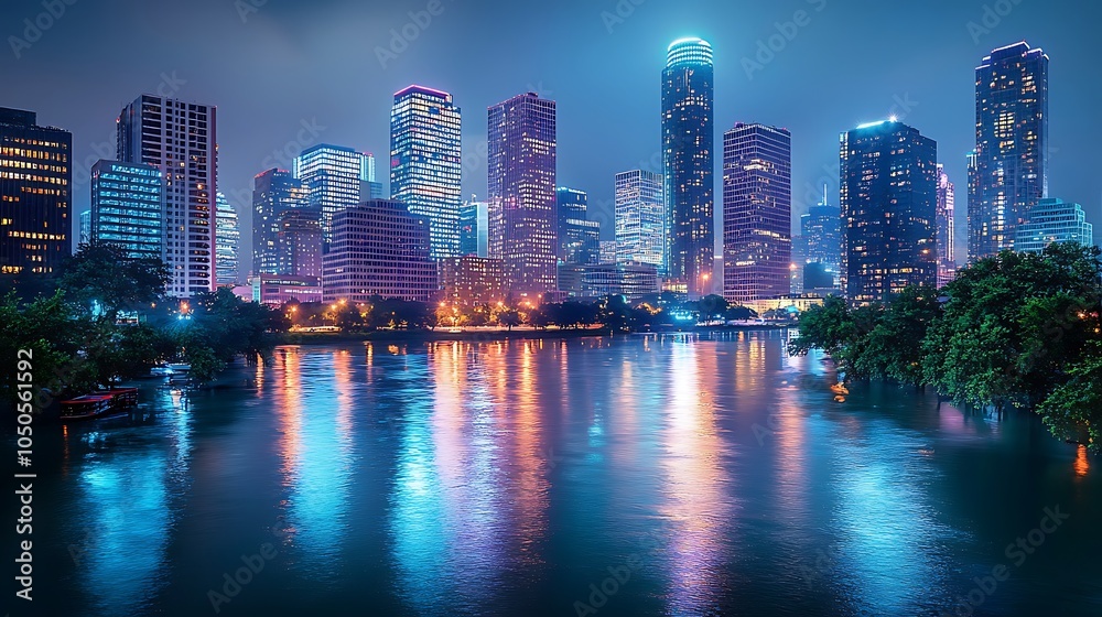 Naklejka premium Stunning nighttime cityscape illuminated buildings reflecting on water in a vibrant metropolis