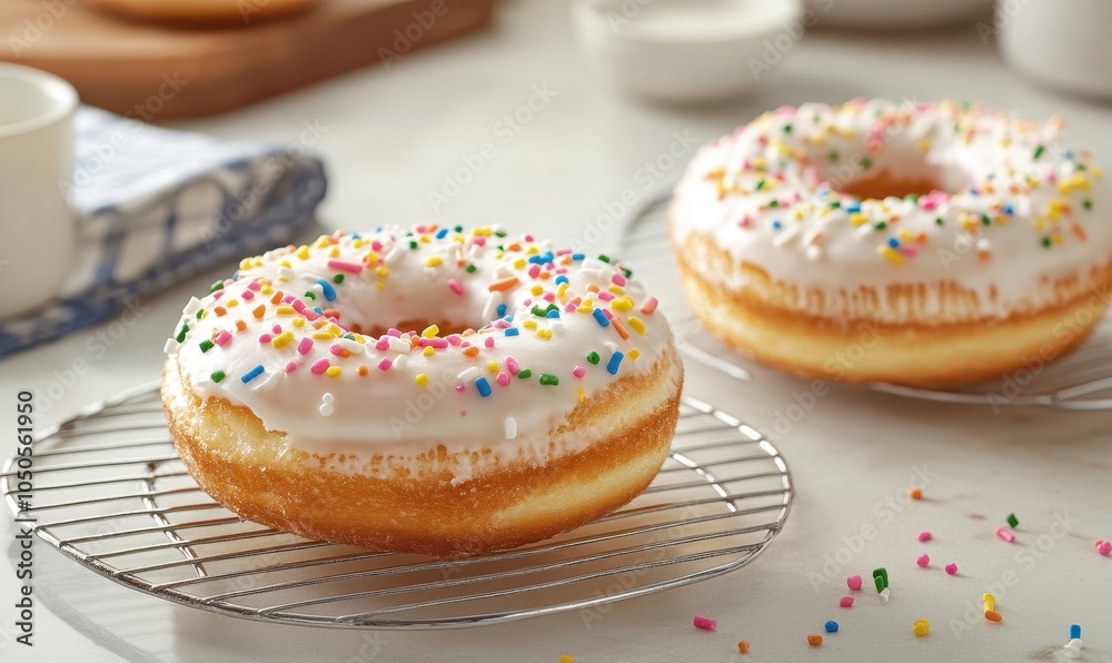 Vanilla donut with sprinkles and white frosting Vanilla donut with sprinkles and white frosting