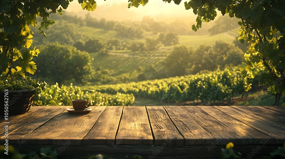 Naklejka premium A wooden terrace with an espresso cup placed near the railing, with vineyards stretching across the valley. The morning sunlight gently illuminates the vines, creating a serene and inviting scene,