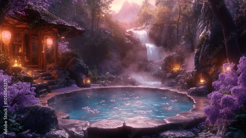 A serene hot spring nestled in a lush forest with a waterfall and a traditional wooden structure with lanterns. A serene hot spring nestled in a lush forest with a waterfall and a traditional wooden structure with lanterns.