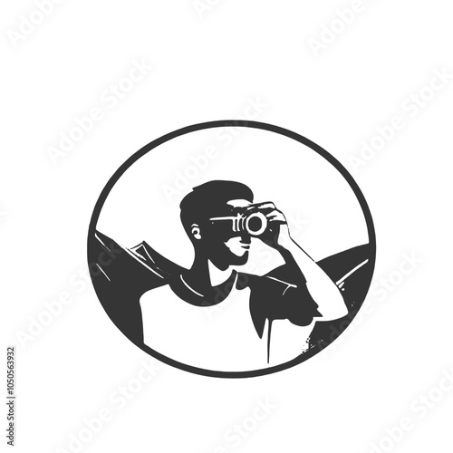 A black silhouette of a young man with short dark hair wearing a camera and taking a photo,