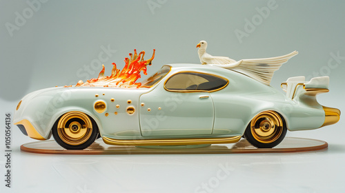 A unique vintage-inspired car sculpture with gold accents, flames, and a bird-like figure atop photo