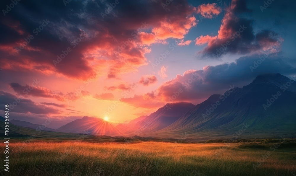 Obraz premium Dramatic Sunrise over the Mountains. Colourful Nature Background.