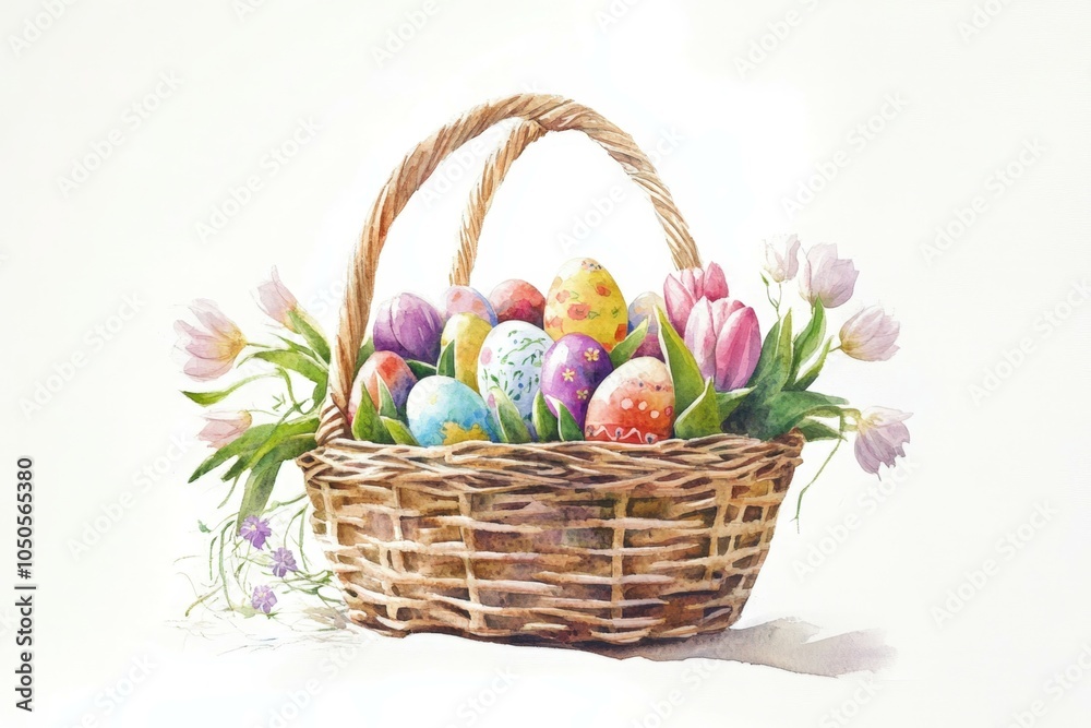 Wicker basket full of decorated easter eggs and tulips, a watercolor illustration perfect for springtime celebrations Wicker basket full of decorated easter eggs and tulips, a watercolor illustration perfect for springtime celebrations