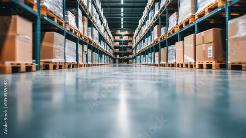 clean warehouse with organized pallets and boxes, showcasing efficiency and order