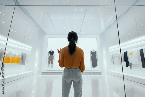 Shopper browsing virtual catalog on interactive touchscreen in modern futuristic fashion retail store photo