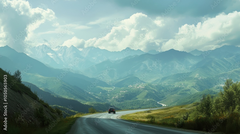 Mountain road trip scene with a vehicle in the distance Mountain road trip scene with a vehicle in the distance