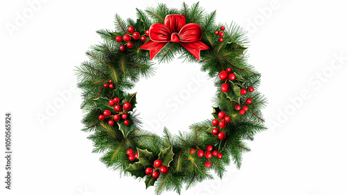 Christmas Wreath with Pine, Holly, and Berries