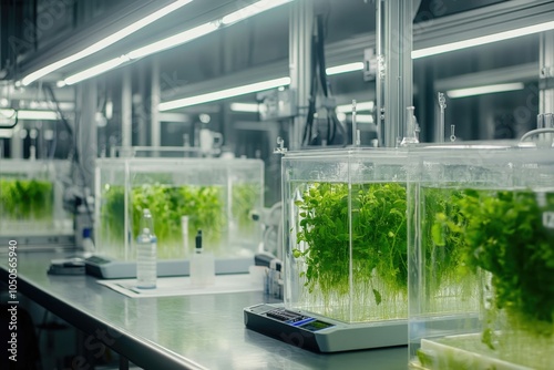 Green algae growing in transparent containers inside a modern laboratory, illuminated by bright lights, for sustainable food production photo