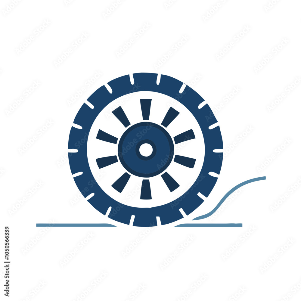 Stylized dark blue wheel with spokes and jagged edge design Stylized dark blue wheel with spokes and jagged edge design