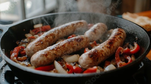 Grilled Sausages with Peppers and Onions in Skillet