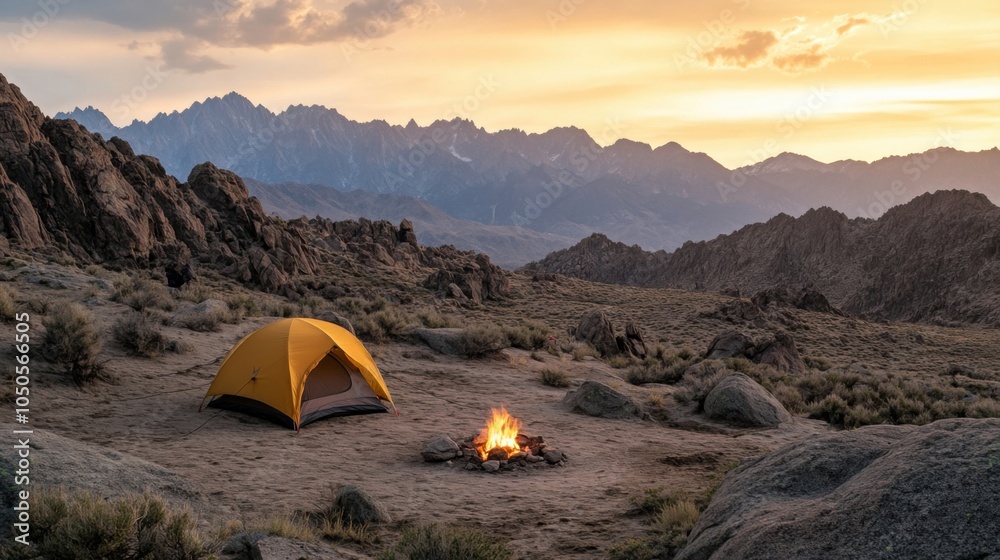 Remote camping spot with tent, fire, and mountain views at sunrise Remote camping spot with tent, fire, and mountain views at sunrise