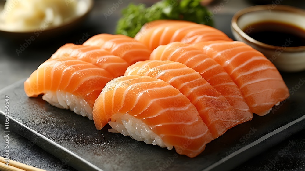 Close-up of fresh salmon sushi rolls, beautifully arranged with a soy sauce dish on the side, chopsticks resting nearby, placed on a dark slate background, Close-up of fresh salmon sushi rolls, beautifully arranged with a soy sauce dish on the side, chopsticks resting nearby, placed on a dark slate background,