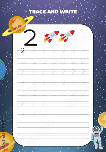 Trace and write practice math numbers for kids with galaxy cosmos and astronaut 2 two 