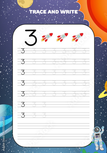 Trace and write practice math numbers for kids with galaxy cosmos and astronaut 3 three