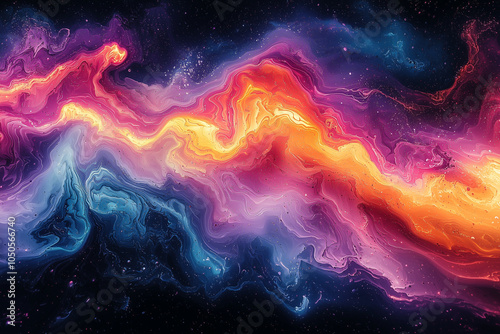 celestial waves of pink, purple, and yellow swirl through a starry cosmic abyss