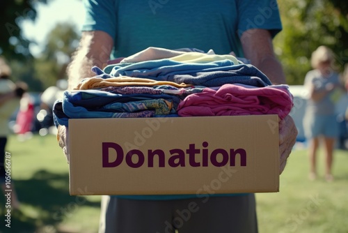 Senior volunteer holding cardboard donation box filled with folded clothes at a charity event in a park photo