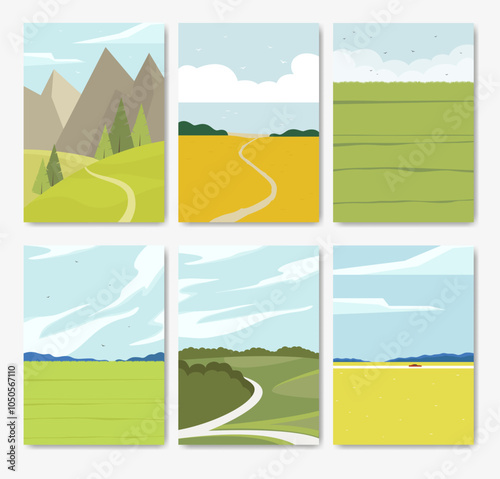 Nature field landscape in harvesting seasons. Cartoon summer spring autumn scenes