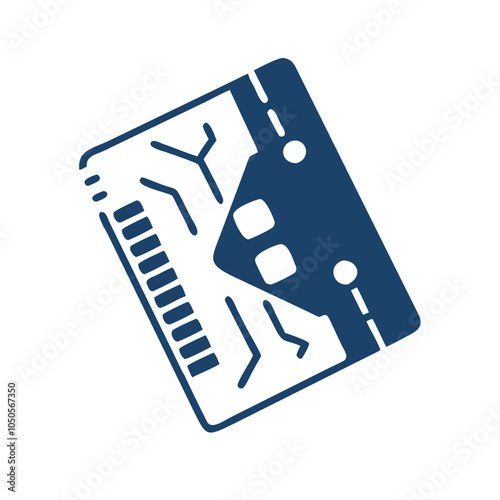 : Dark blue stylized bank card icon with chip and barcode