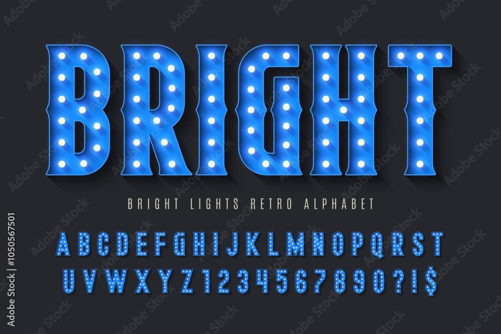 Retro circus alphabet design, cabaret, fairy LED lamps letters and numbers.