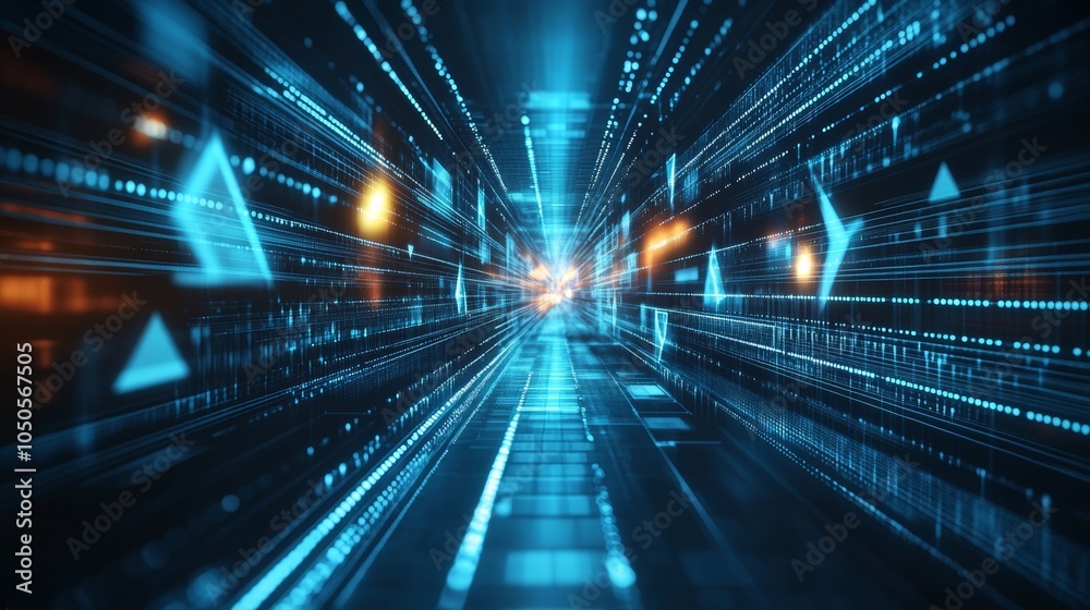 Futuristic Technology. Cyberspace tunnel with data, glowing lines, and shapes. 3D illustration Futuristic Technology. Cyberspace tunnel with data, glowing lines, and shapes. 3D illustration