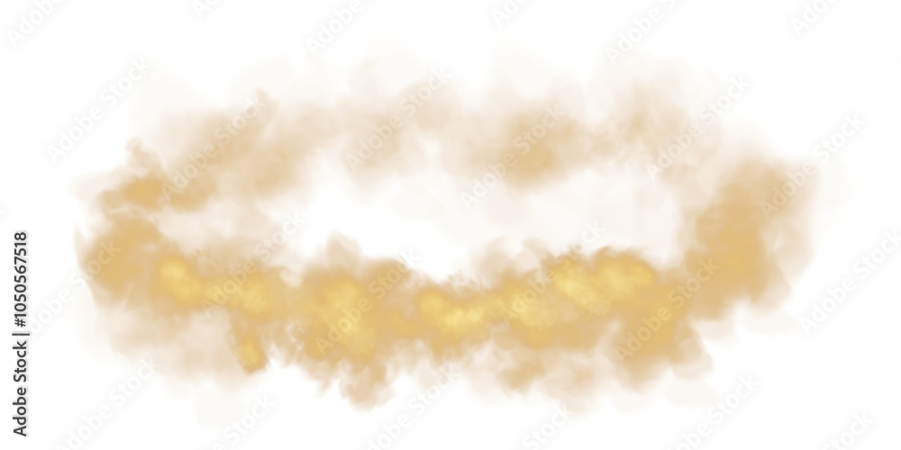 Fototapeta premium Fantastic golden smoke. Magic smoke. Smog cloud on podium or stage. Fog vapor over ground or water surface, magic haze. PNG. 