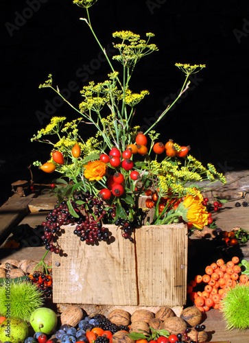 Still life of autumn wild fruits with chestnuts, walnuts and oth photo