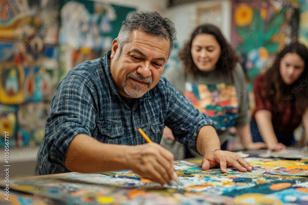 Fototapeta premium Hispanic man concentrating on painting during an art therapy session, finding solace and expression in a supportive group environment