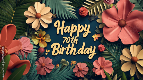 Tropical Happy 70th Birthday Greeting with Paper Flowers and Green Leaves – Bold Milestone Celebration Design
