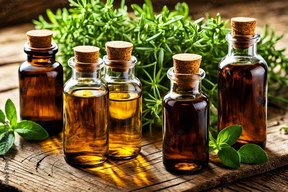 Glass bottles filled with essential oils and herbs on a wooden surface, Generated by ai Glass bottles filled with essential oils and herbs on a wooden surface, Generated by ai