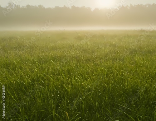 A misty morning over a green meadow with dewy grass and soft sunlight, realistic, cinematic, landscape orientation